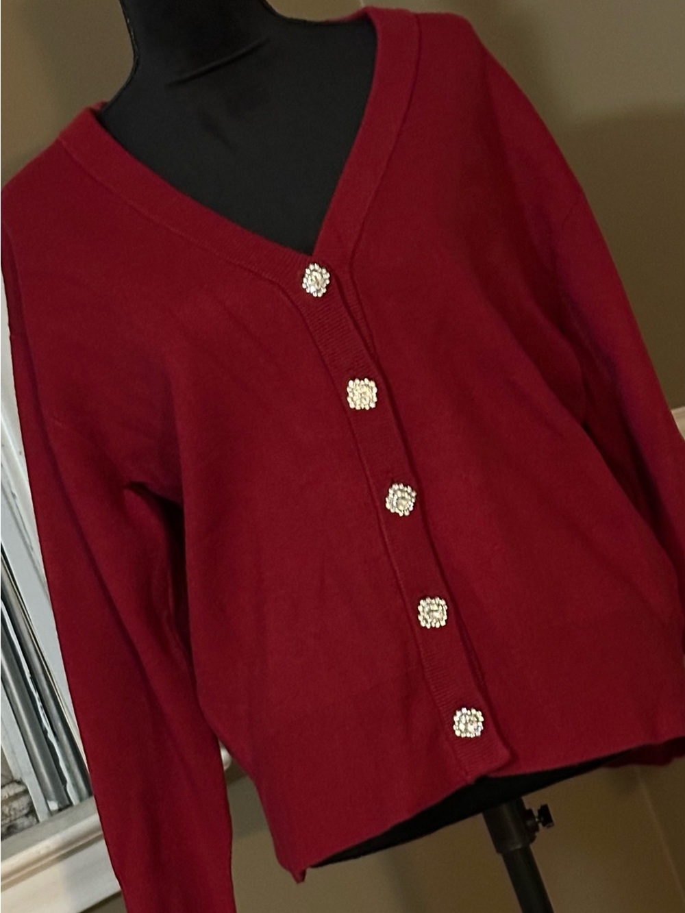 Tahari Red V-Neck Cardigan with Rhinestone Buttons - Picture 1 of 7